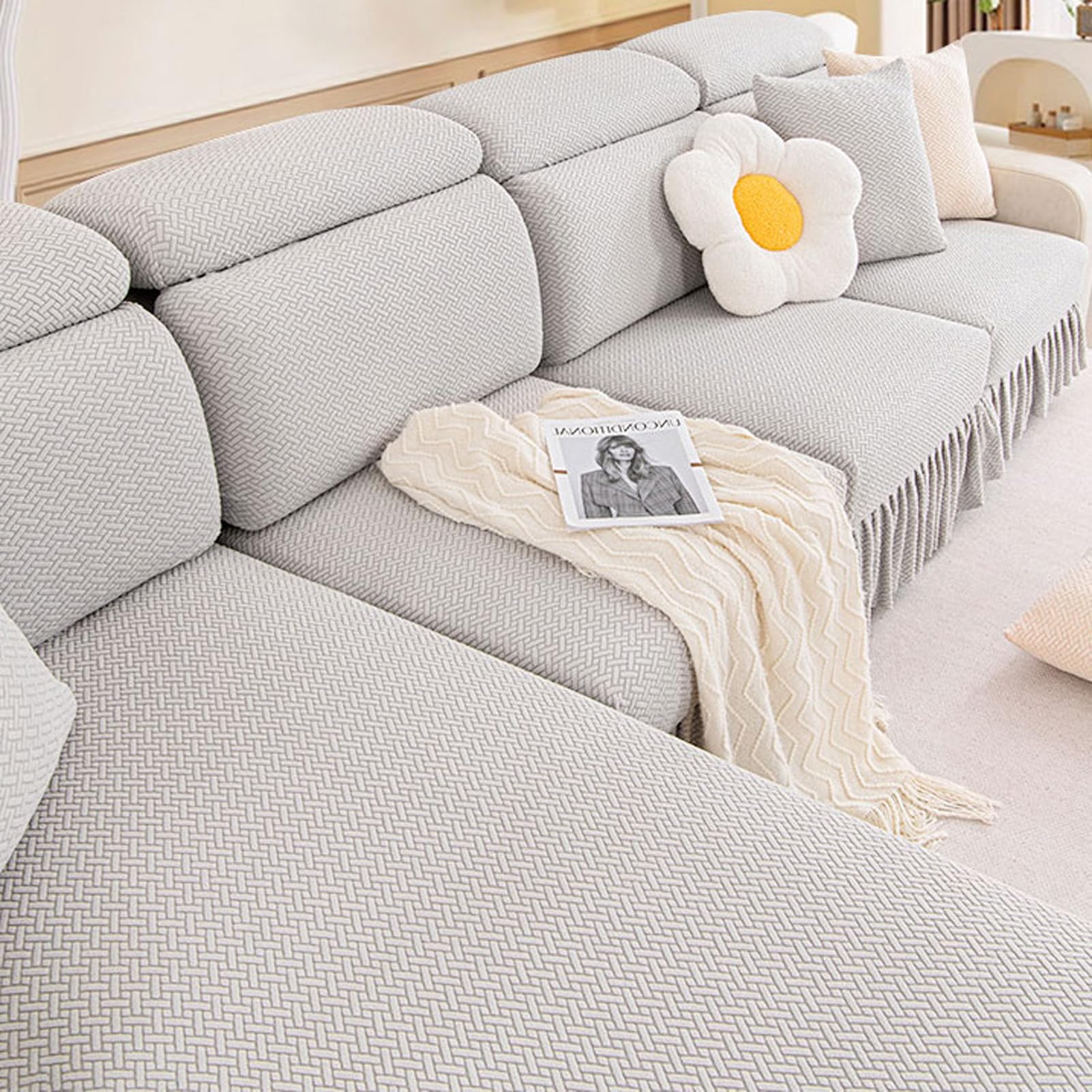 Jacquard Anti-Slip Velvet L Shaped Skirt Cushion Sofa Couch Cover