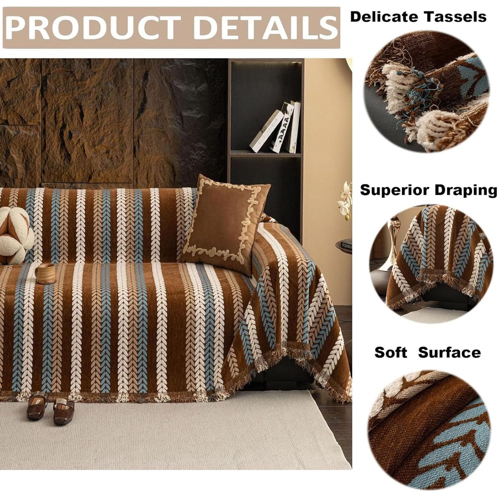 Elegance Chenille Anti-Slip Woven Tassels Sofa Couch Cover