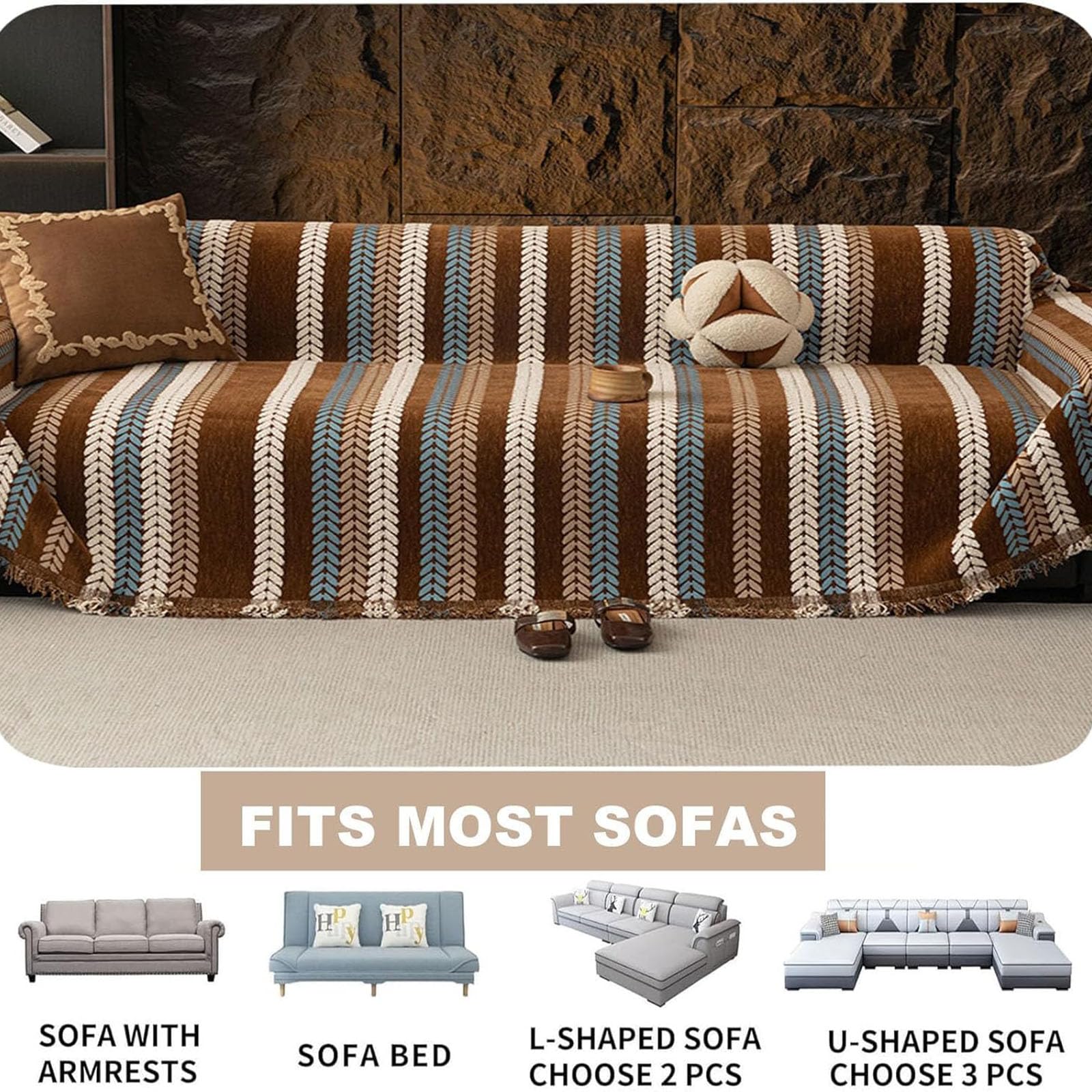 Elegance Chenille Anti-Slip Woven Tassels Sofa Couch Cover