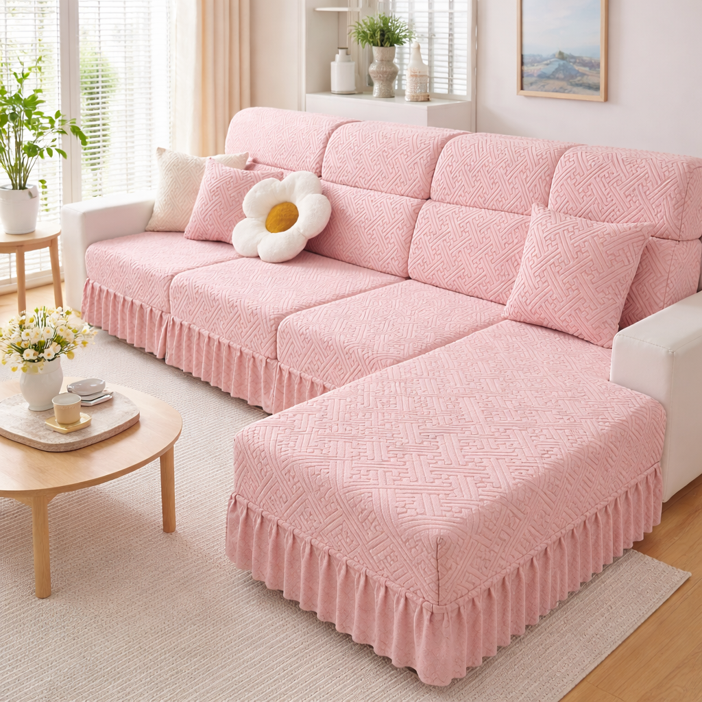 Jacquard Geometric Anti-Slip L Shaped Skirted Cushion Sofa Couch Cover