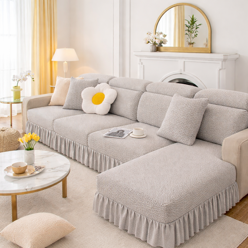 Jacquard Anti-Slip Velvet L Shaped Skirt Cushion Sofa Couch Cover