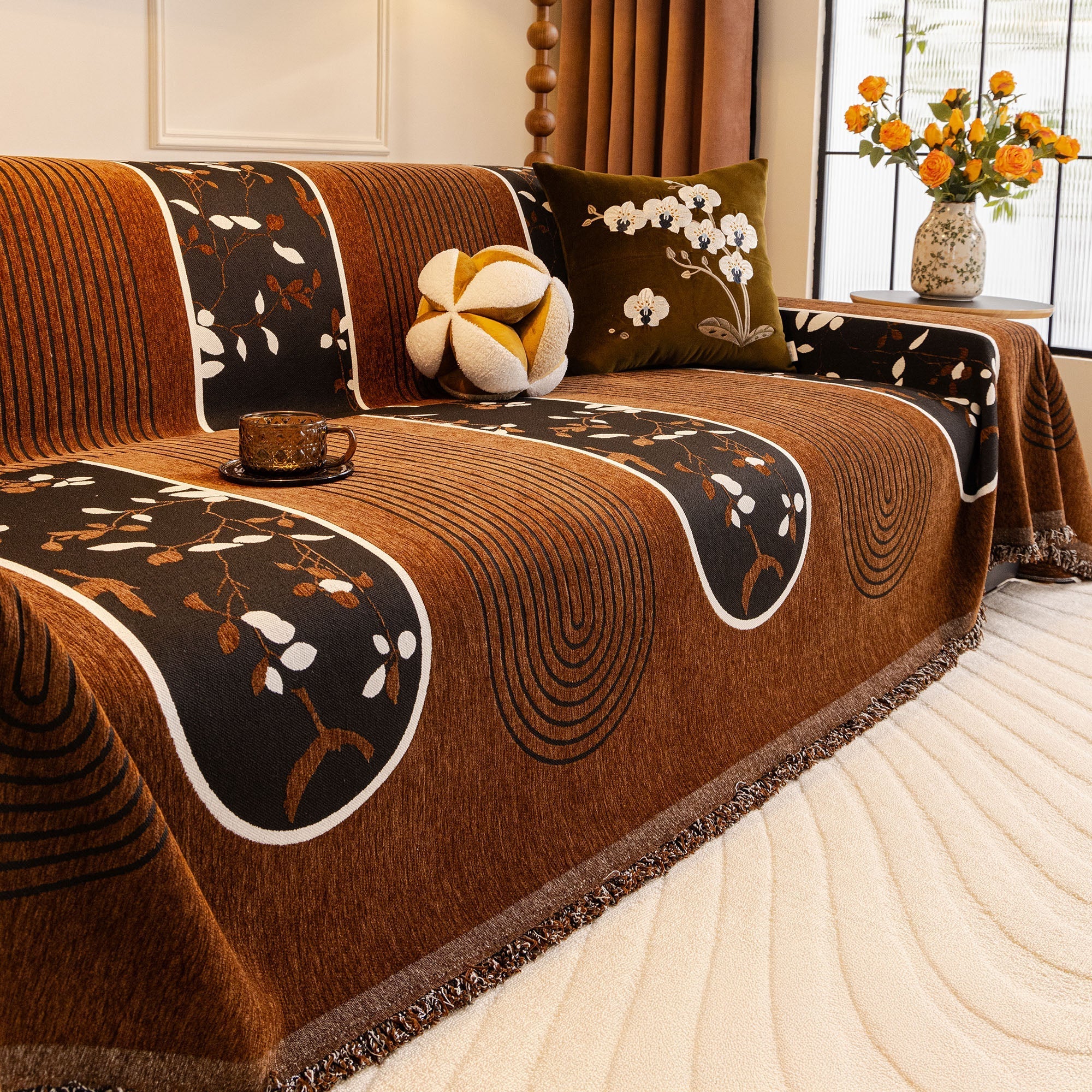 Non-Slip Modern Geometric Chenille Tassels Sofa Couch Cover