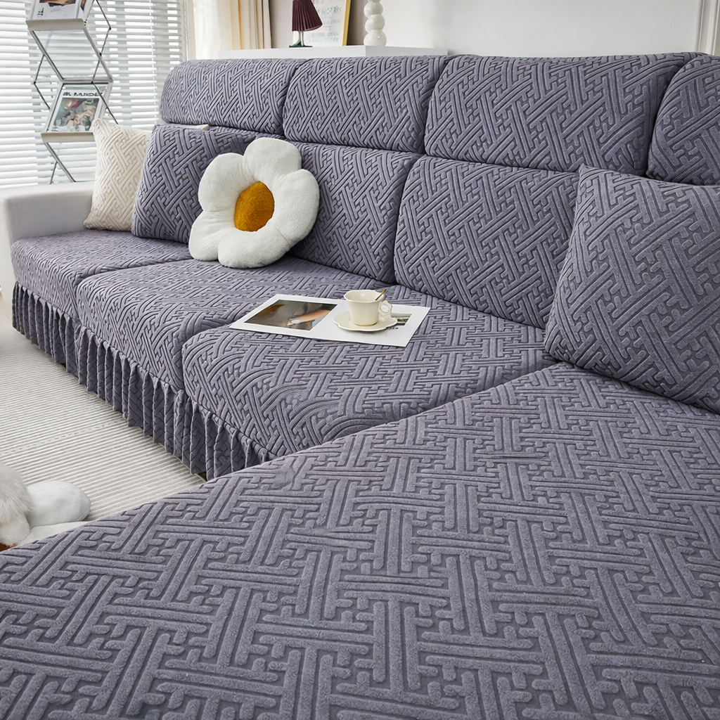 Jacquard Geometric Anti-Slip L Shaped Skirted Cushion Sofa Couch Cover