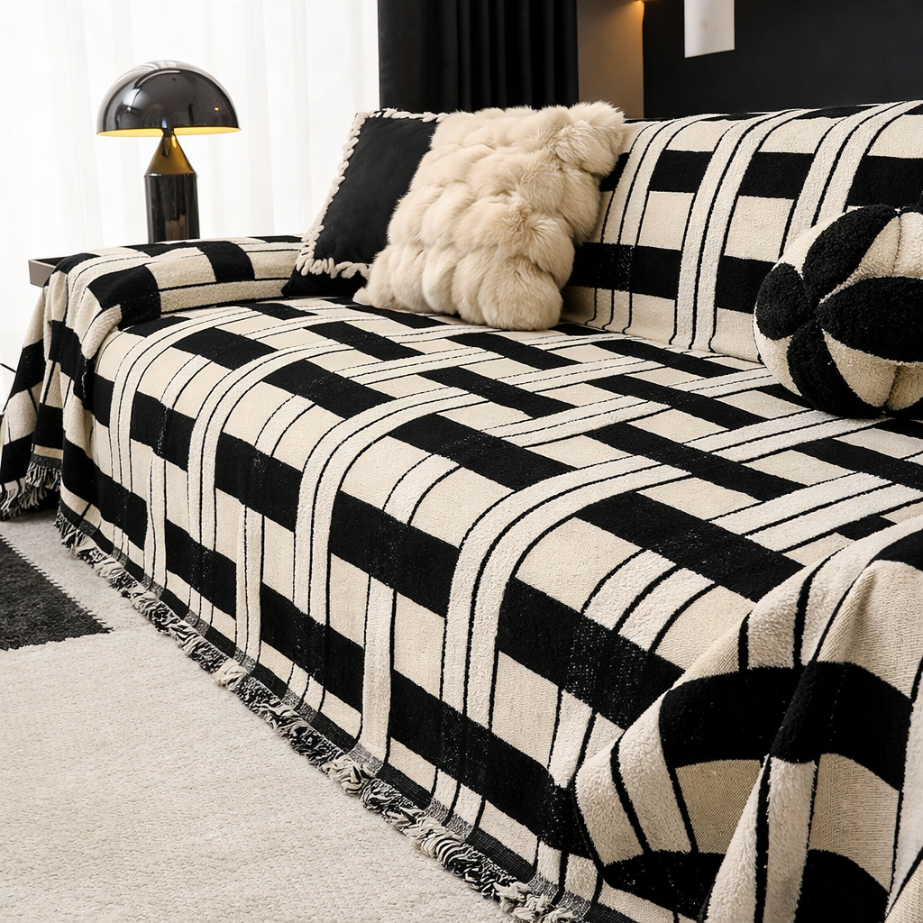 Geometric Plaid Reversible Tassels Sofa Couch Cover