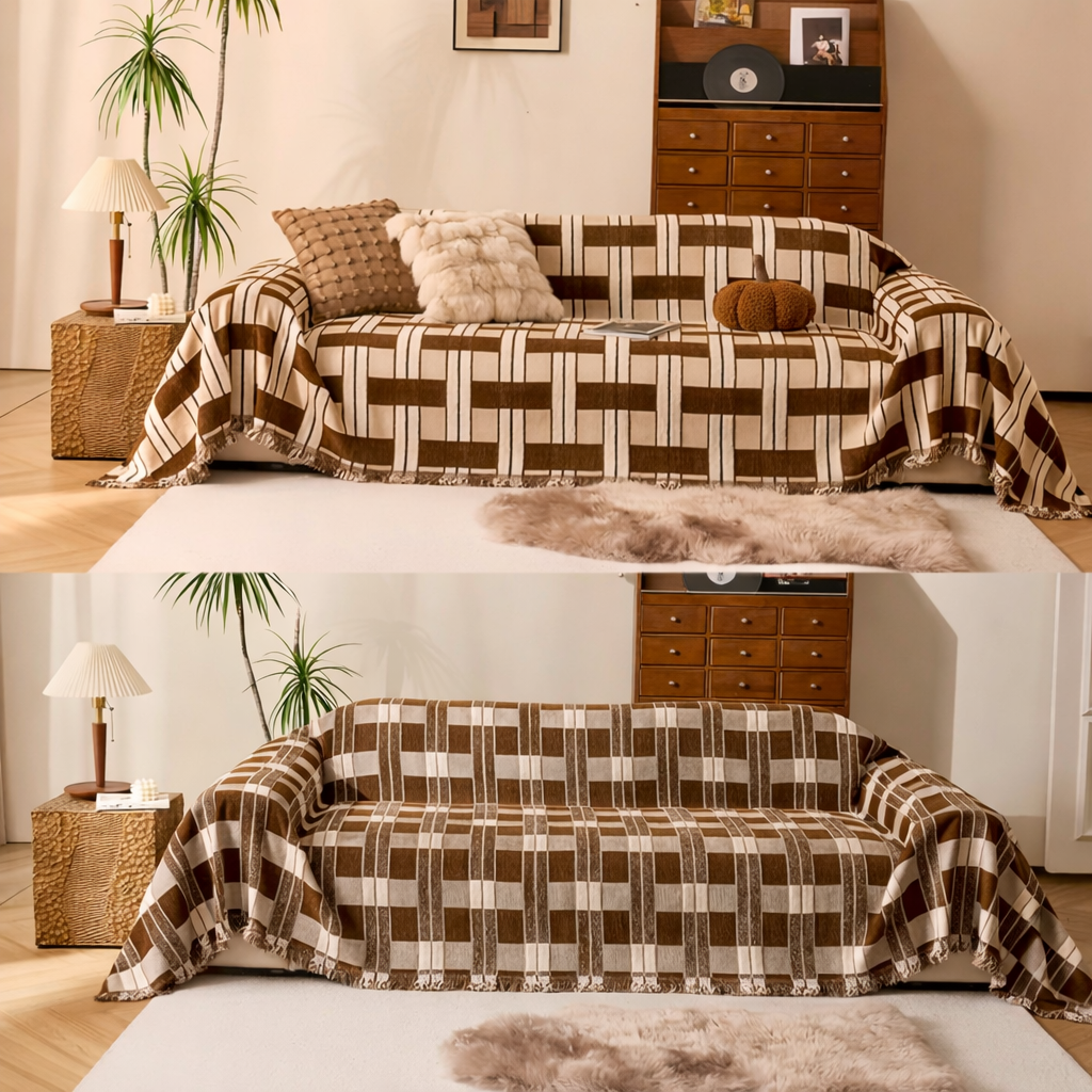 Geometric Plaid Reversible Tassels Sofa Couch Cover