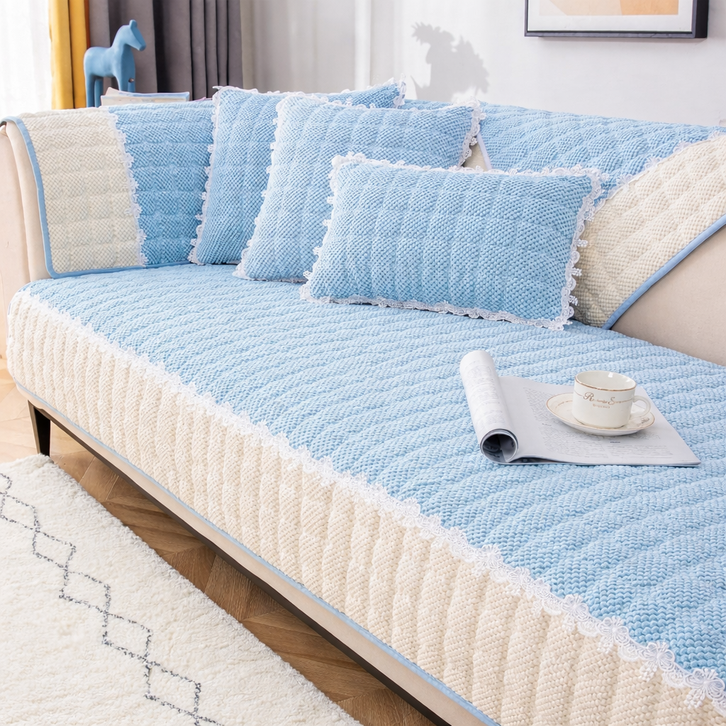 Non-Slip Quilted Lace Plush Sofa Couch Cover