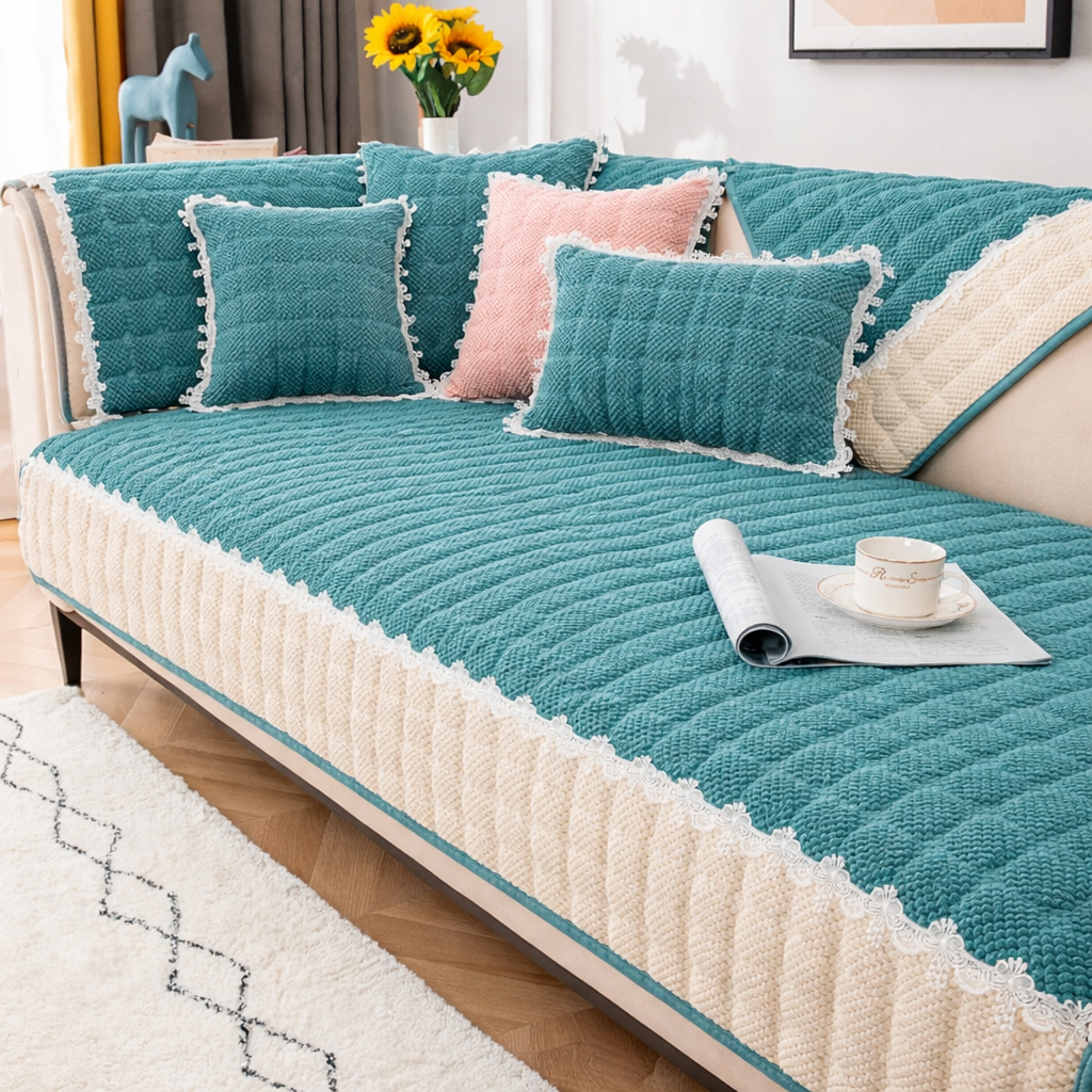Non-Slip Quilted Lace Plush Sofa Couch Cover