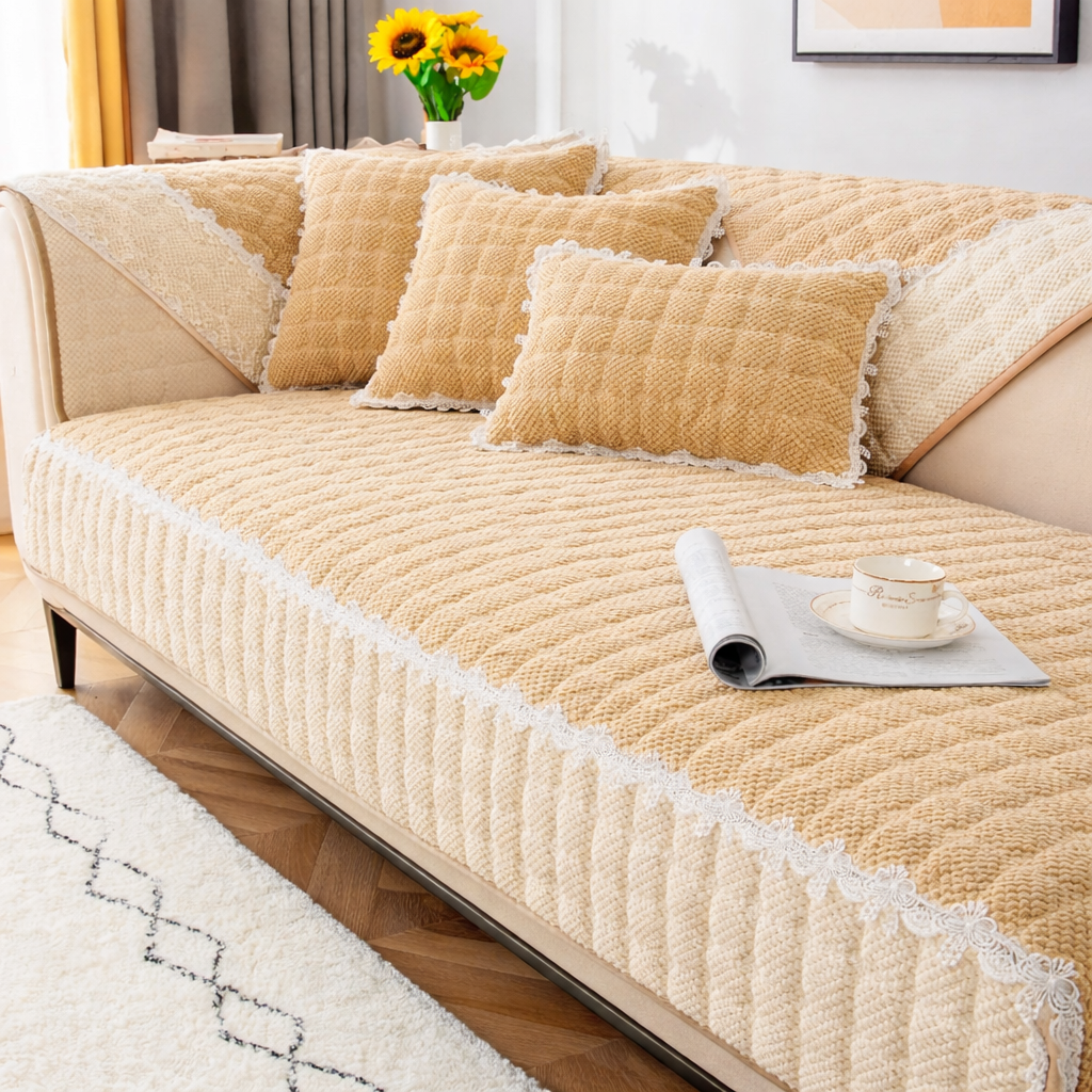 Non-Slip Quilted Lace Plush Sofa Couch Cover