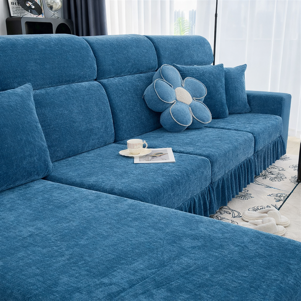 Chenille Anti-Slip L Shaped Skirted Cushion Sofa Couch Cover