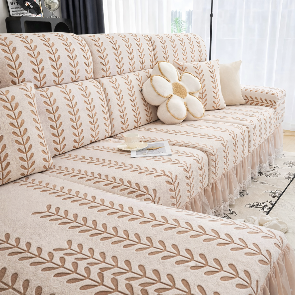 Anti-Slip L Shaped Leaf Skirted Cushion Sofa Couch Cover