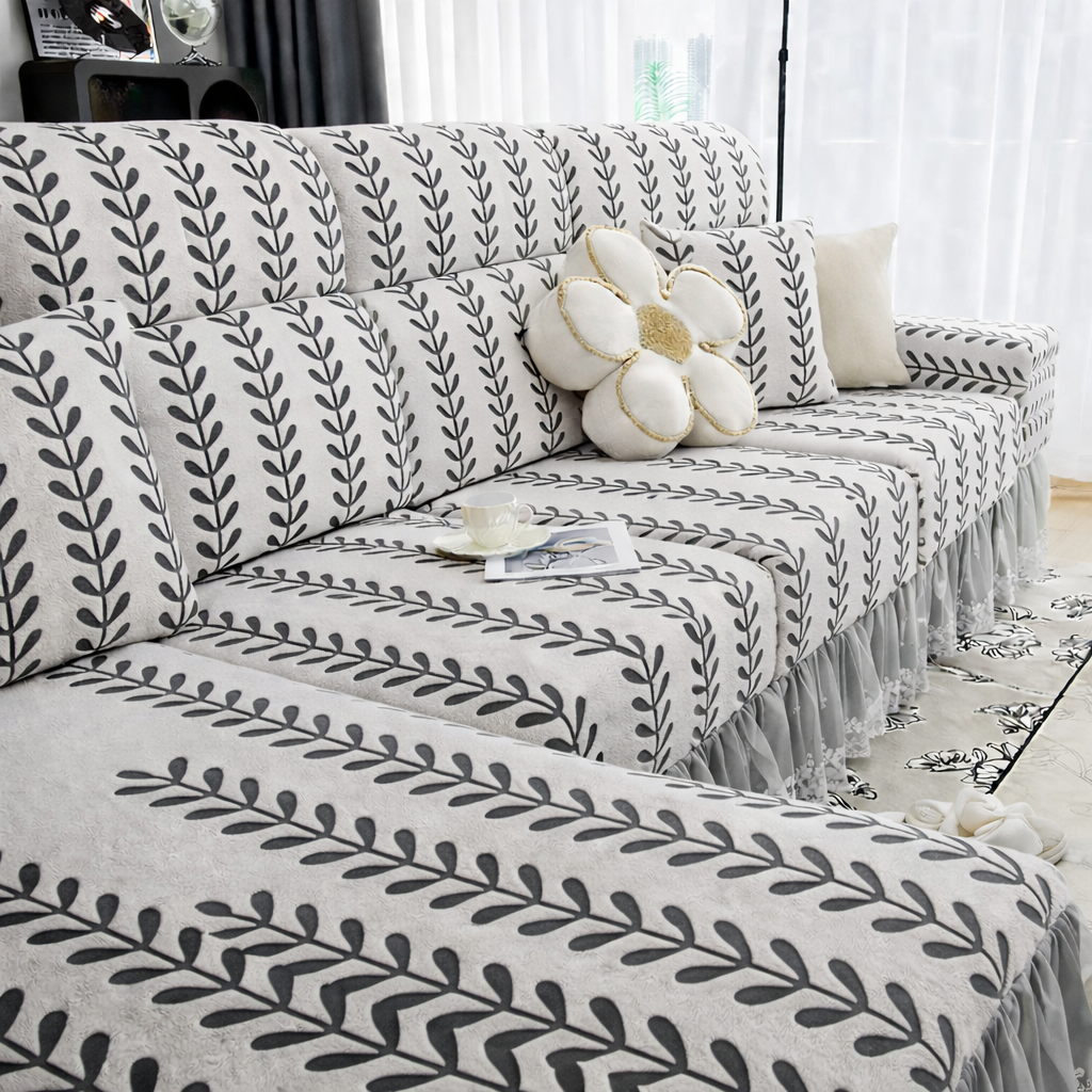 Anti-Slip L Shaped Leaf Skirted Cushion Sofa Couch Cover