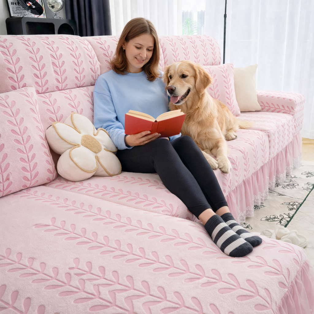 Anti-Slip L Shaped Leaf Skirted Cushion Sofa Couch Cover