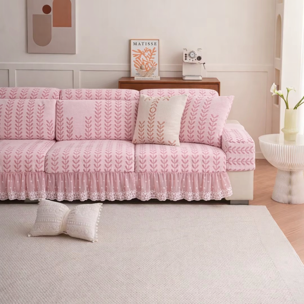 Anti-Slip L Shaped Leaf Skirted Cushion Sofa Couch Cover
