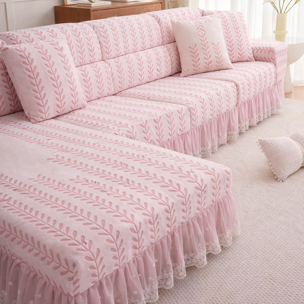 Anti-Slip L Shaped Leaf Skirted Cushion Sofa Couch Cover