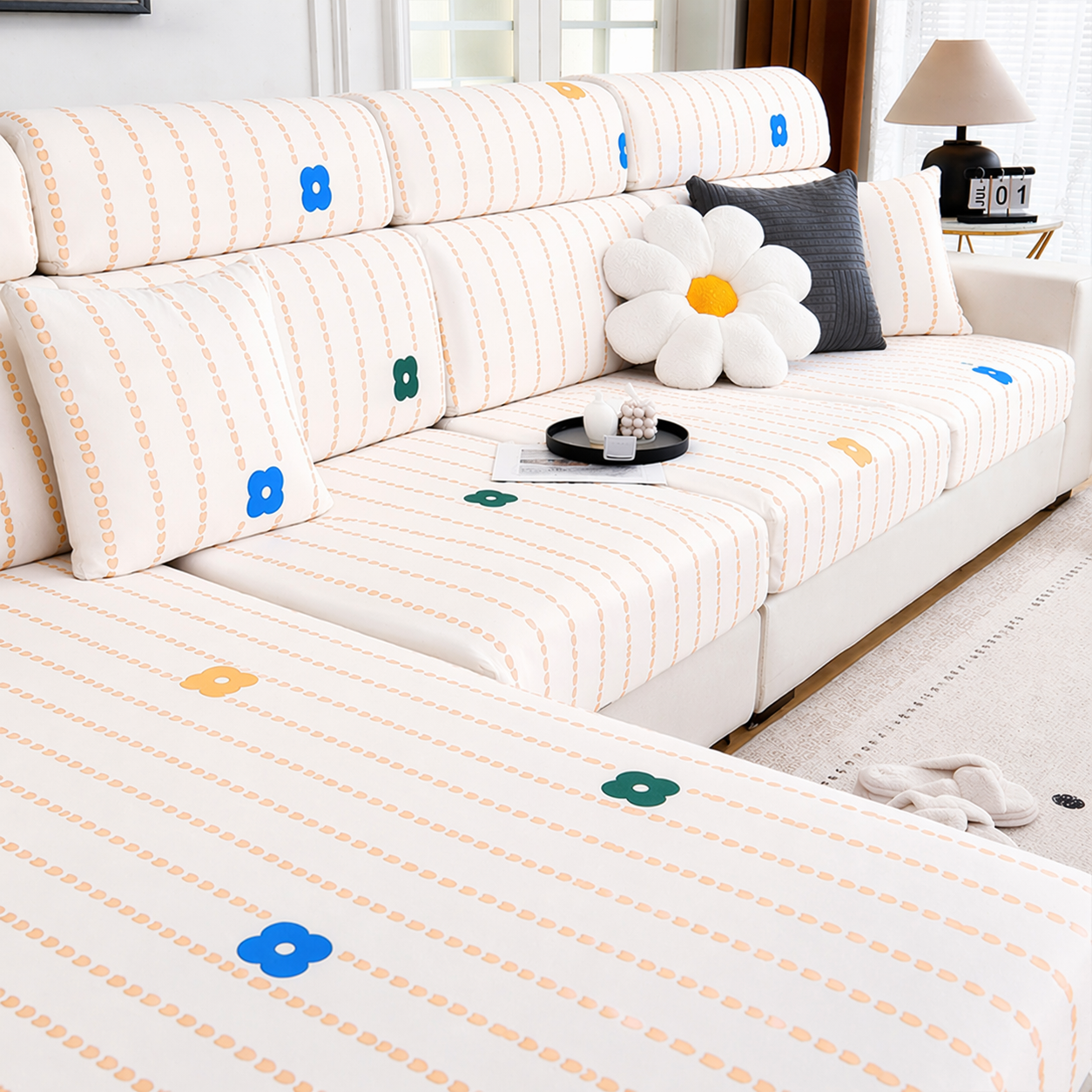 Floral Anti-Slip L Shaped Cushion Sofa Couch Cover