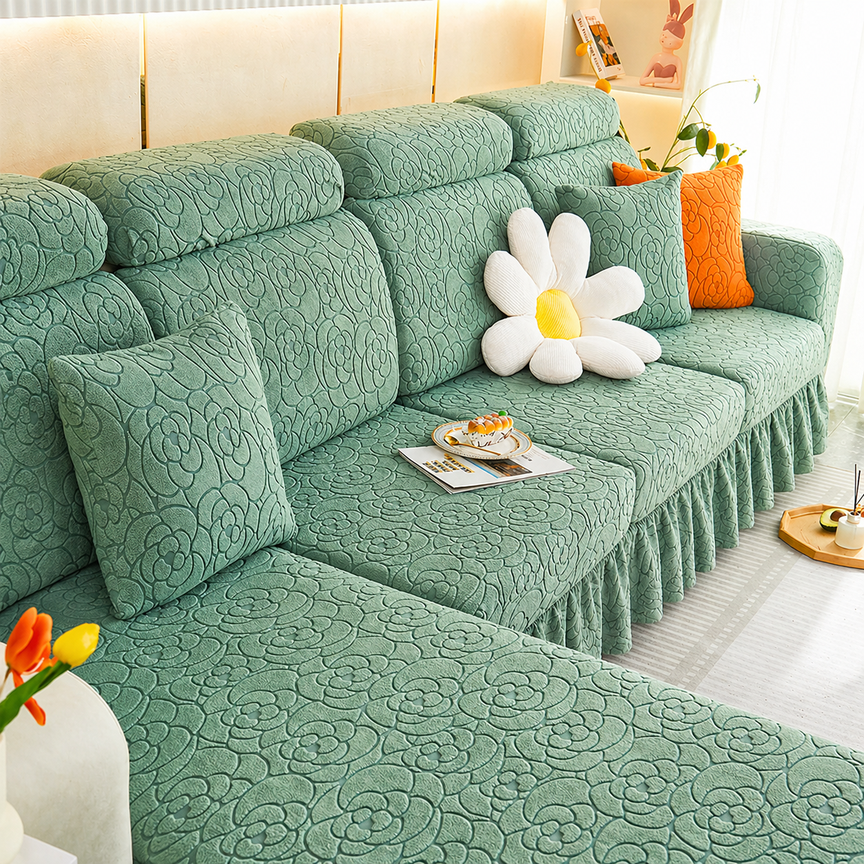 L Shaped Floral Skirted Cushion Slipcover Sofa Couch Cover