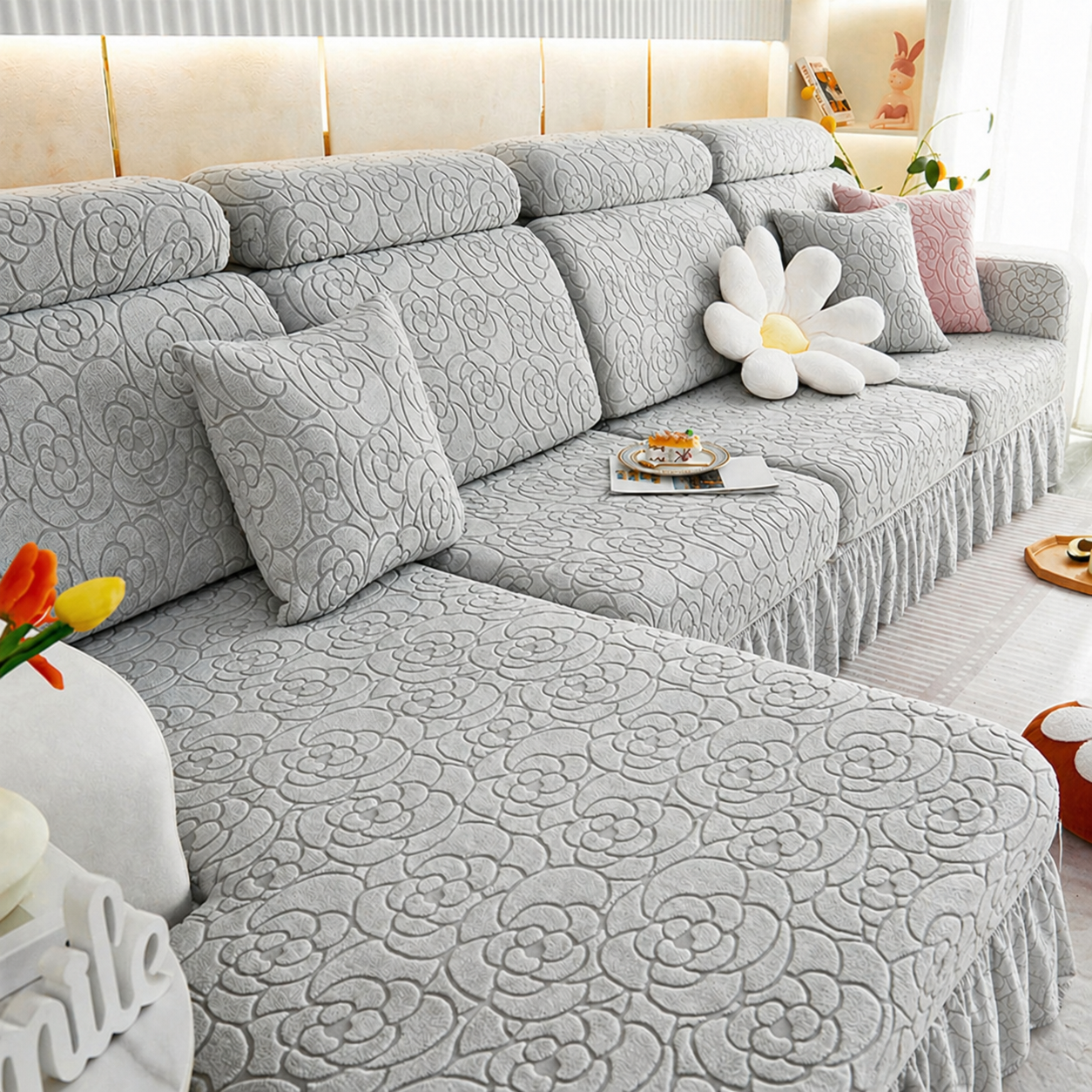 L Shaped Floral Skirted Cushion Slipcover Sofa Couch Cover