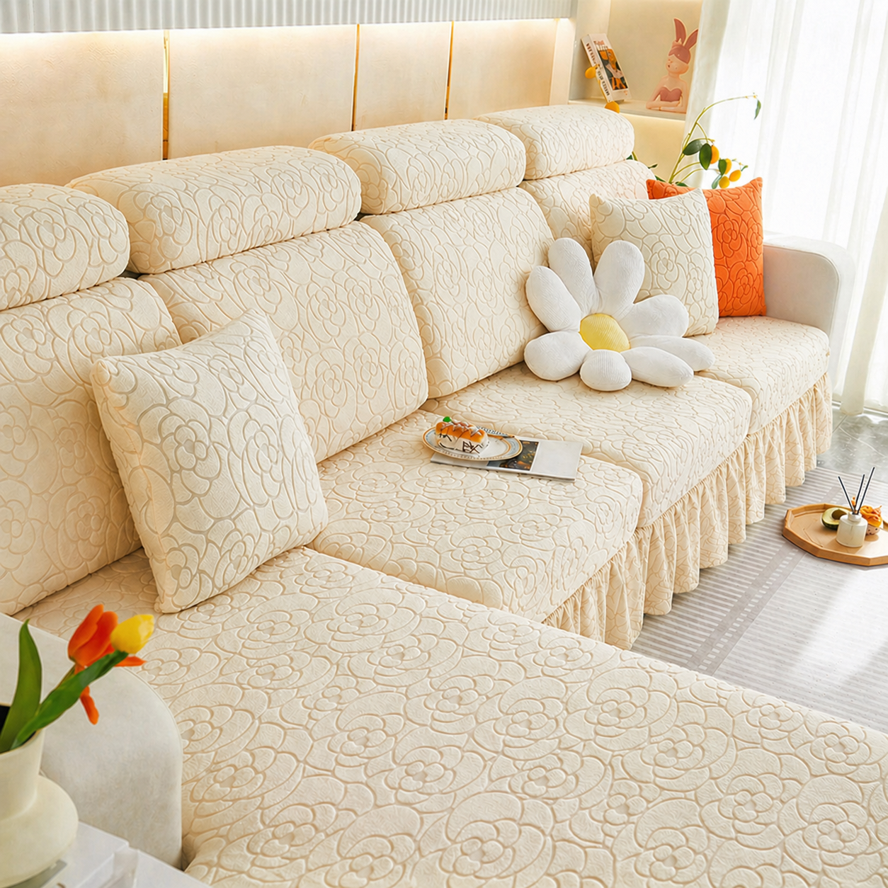 L Shaped Floral Skirted Cushion Slipcover Sofa Couch Cover