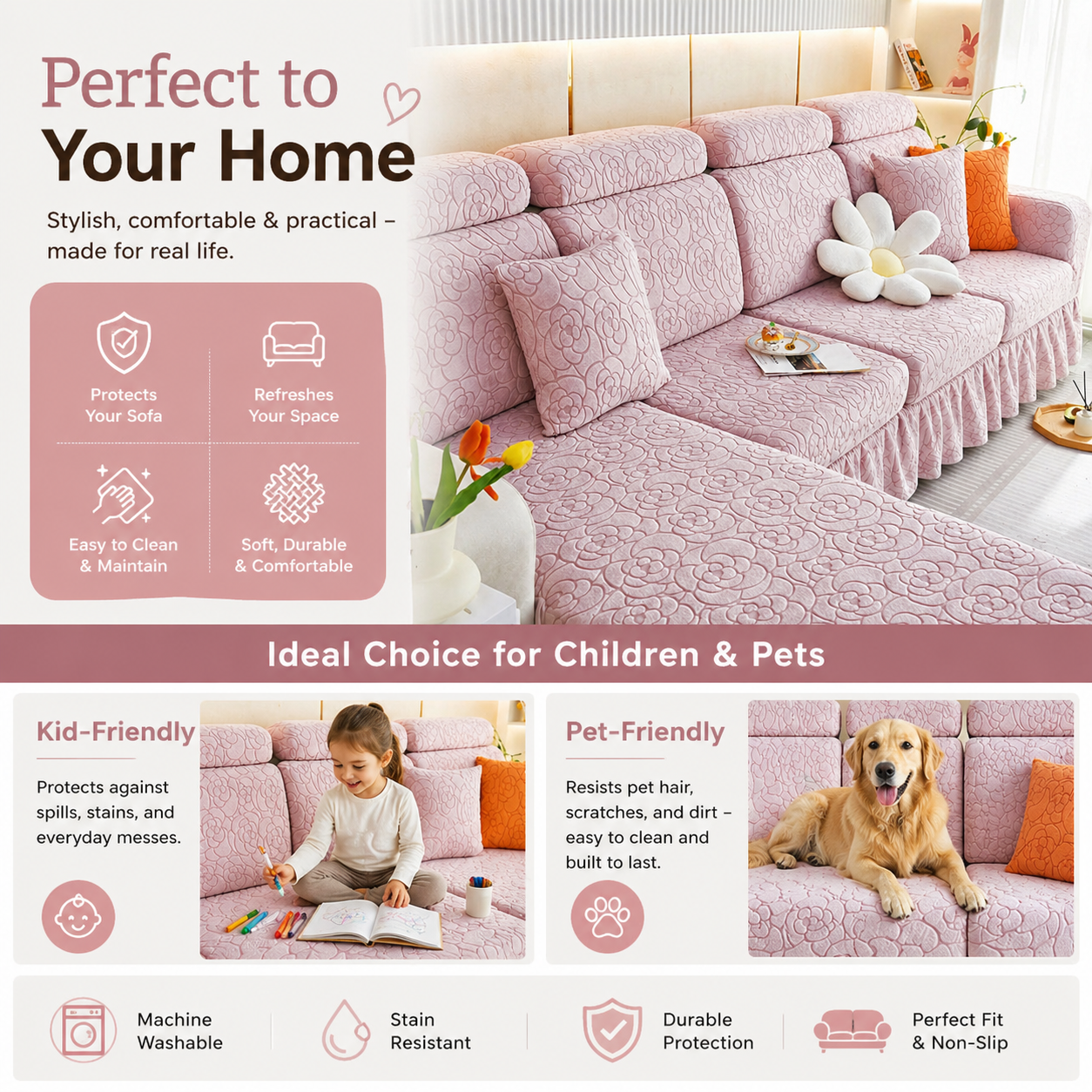 L Shaped Floral Skirted Cushion Slipcover Sofa Couch Cover