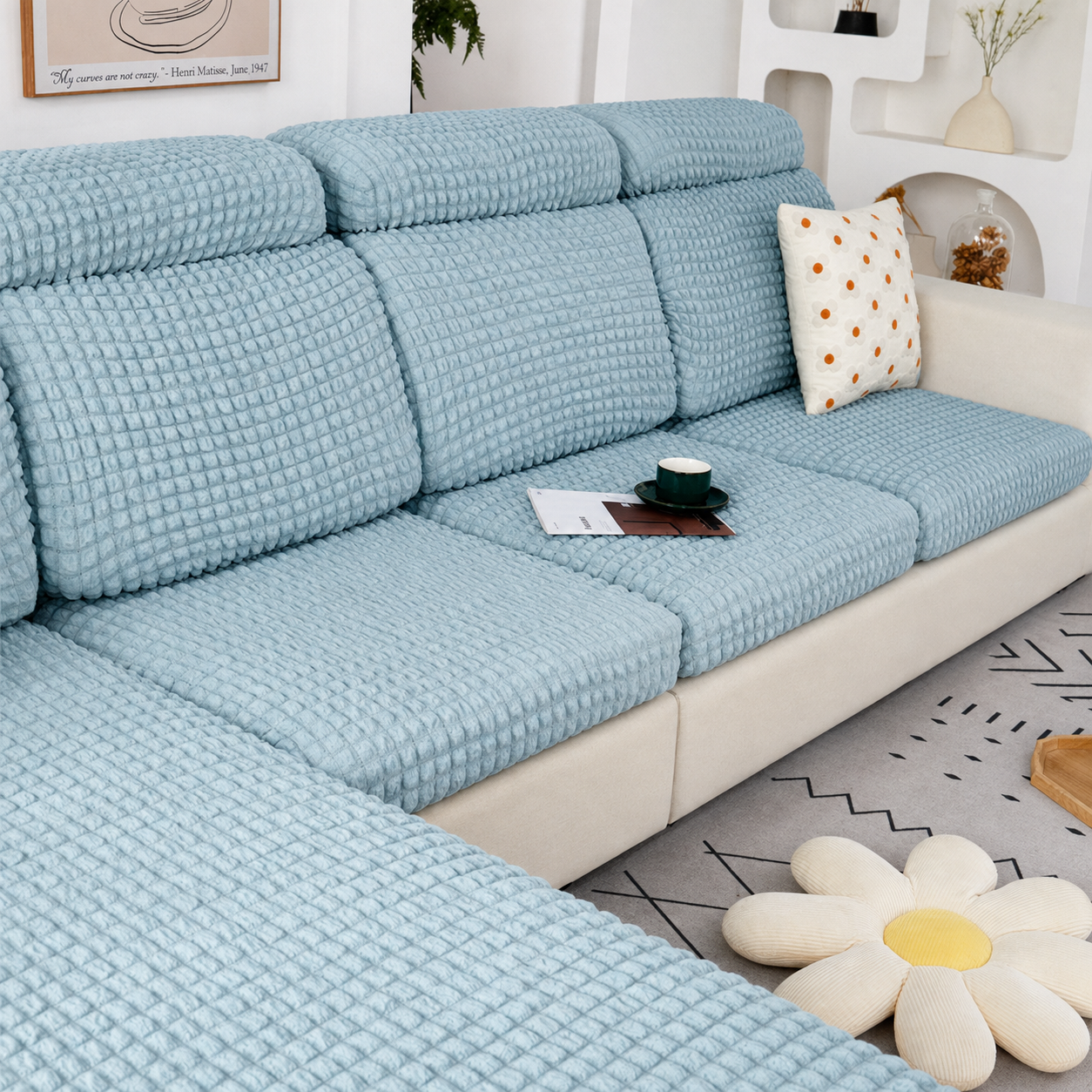Anti Slip Seersuker L Shaped Sectional Cushion Sofa Couch Cover