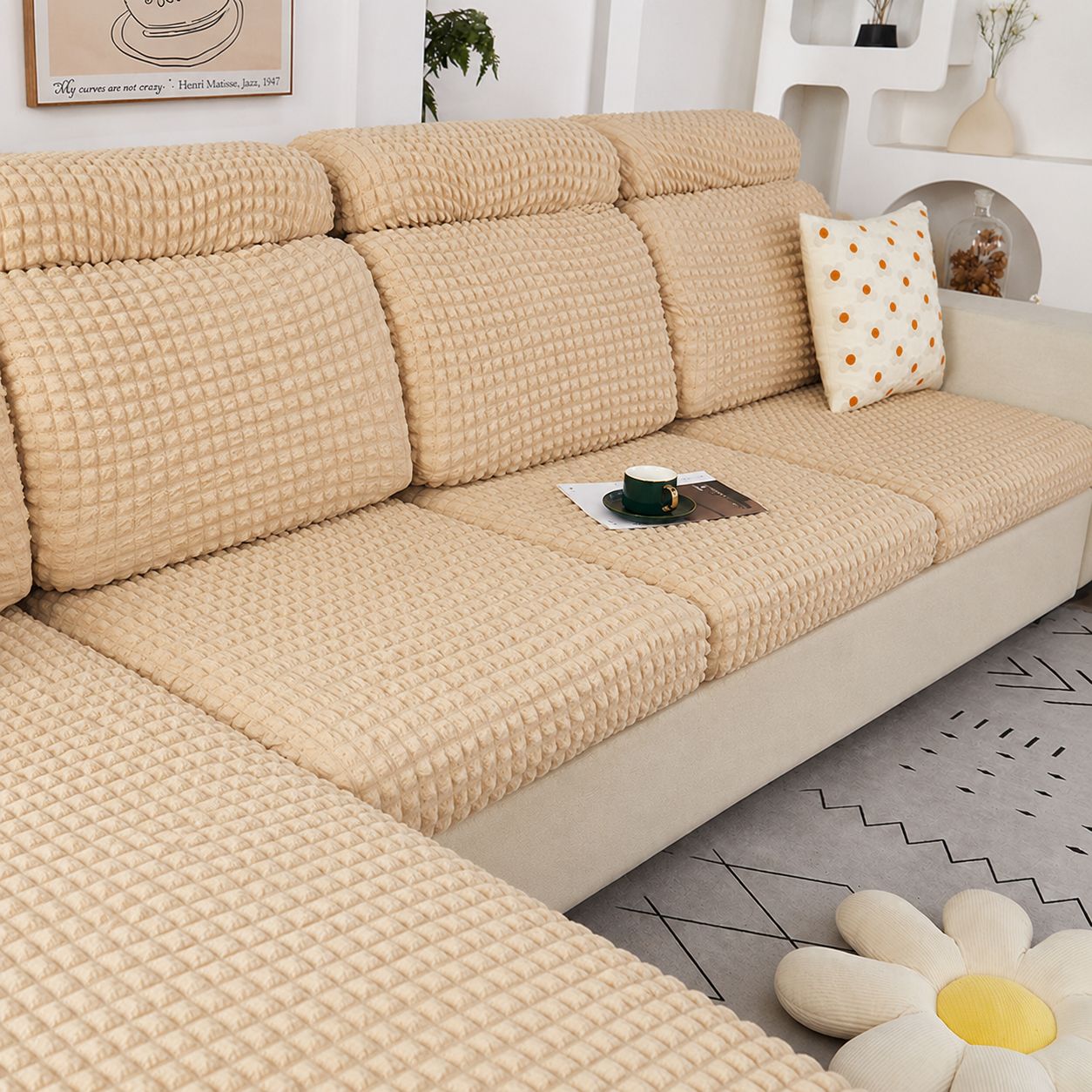 Anti Slip Seersuker L Shaped Sectional Cushion Sofa Couch Cover