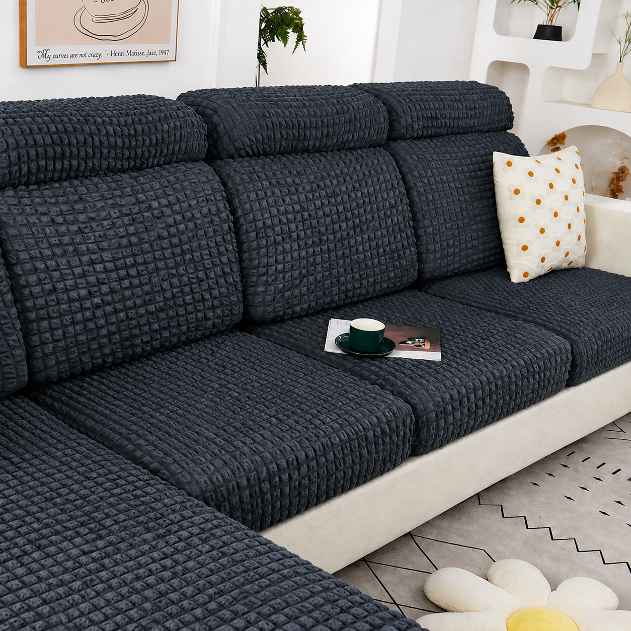 Anti Slip Seersuker L Shaped Sectional Cushion Sofa Couch Cover