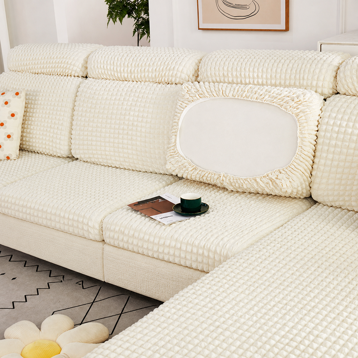 Anti Slip Seersuker L Shaped Sectional Cushion Sofa Couch Cover