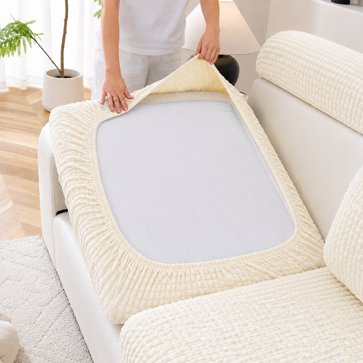 Anti Slip Seersuker L Shaped Sectional Cushion Sofa Couch Cover