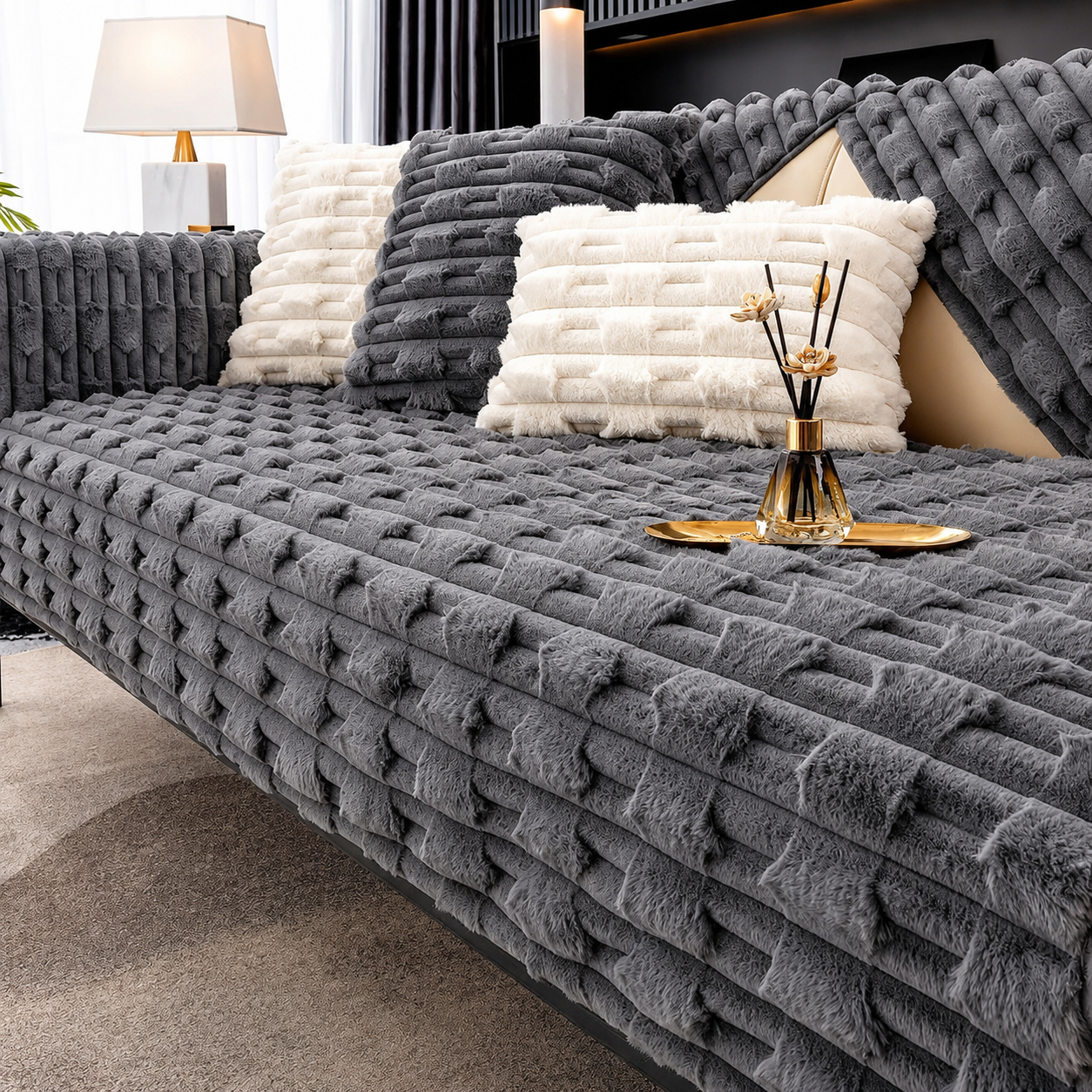 Non Slip Ultra-Soft Faux Rabbit Fur Couch Sofa Cover