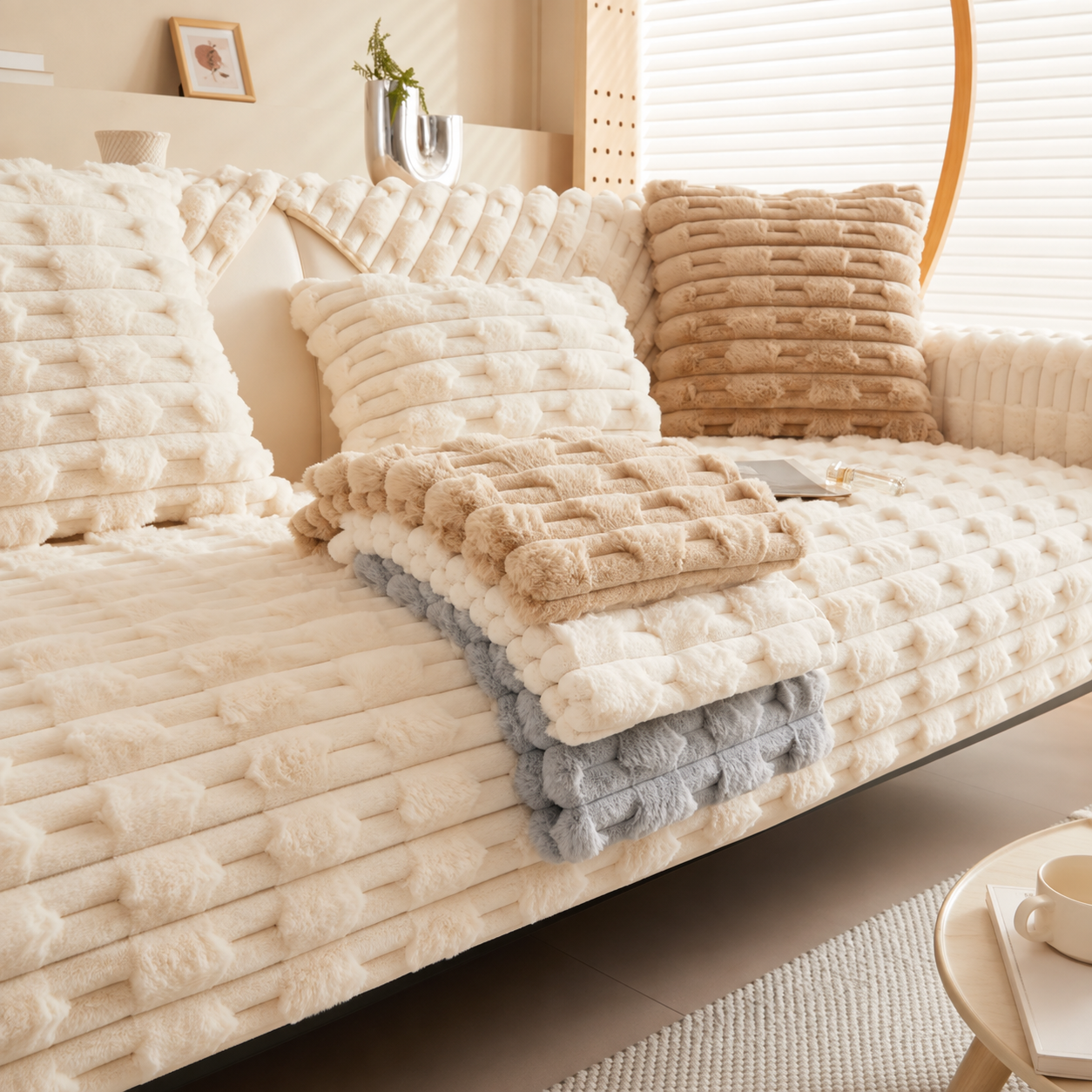 Non Slip Ultra-Soft Faux Rabbit Fur Couch Sofa Cover