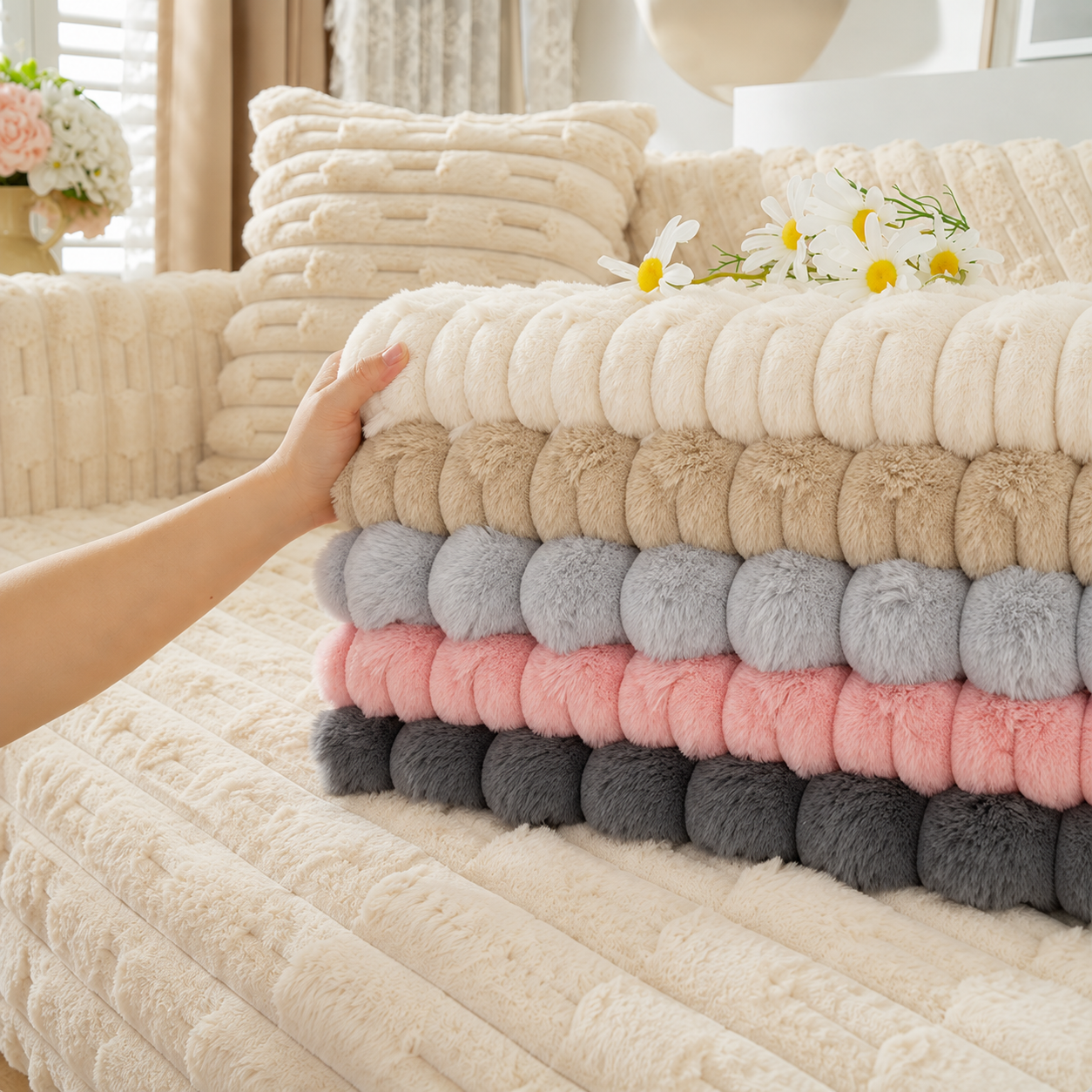 Non Slip Ultra-Soft Faux Rabbit Fur Couch Sofa Cover