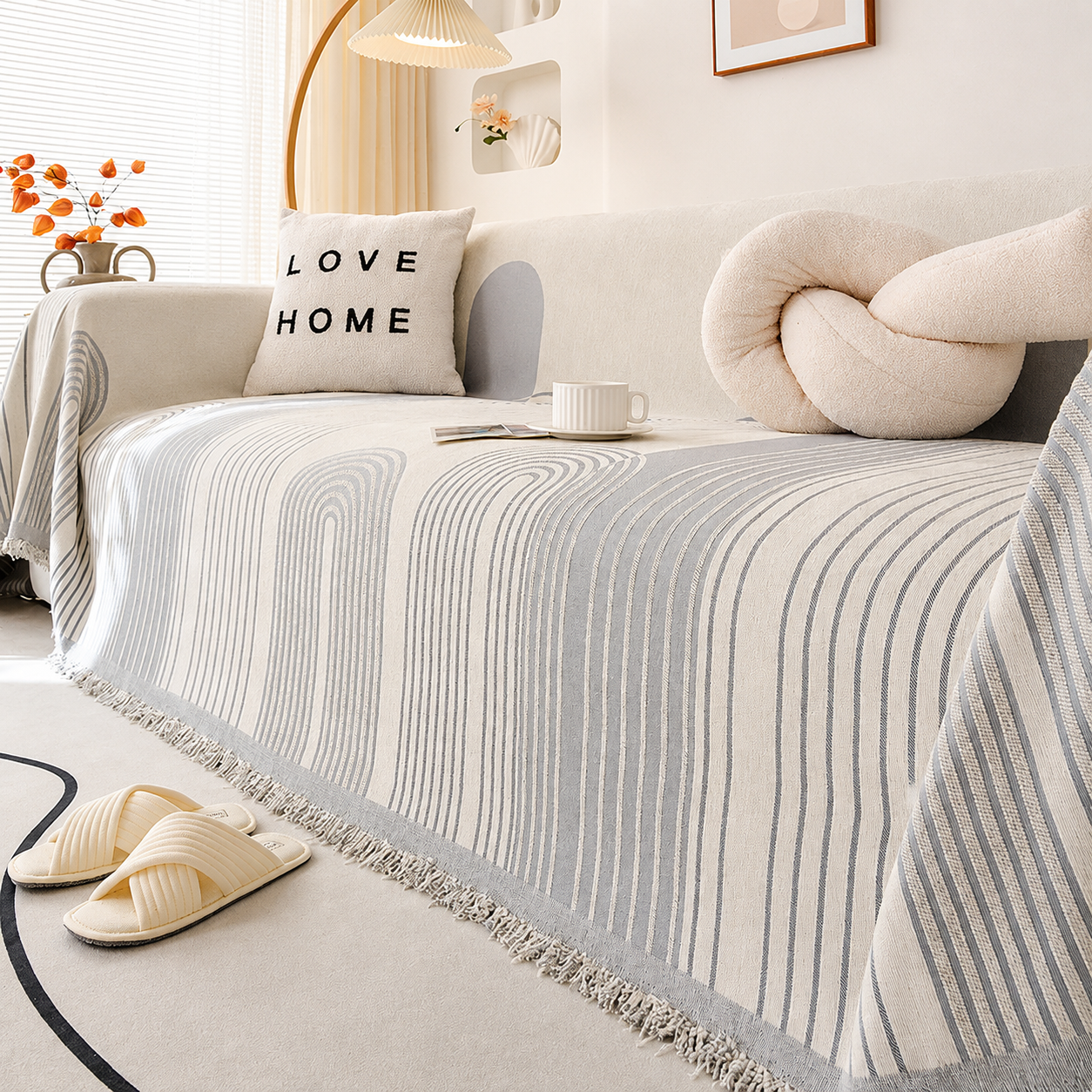 Modern Abstract Jacquard Chenille Tassels Sofa Couch Cover
