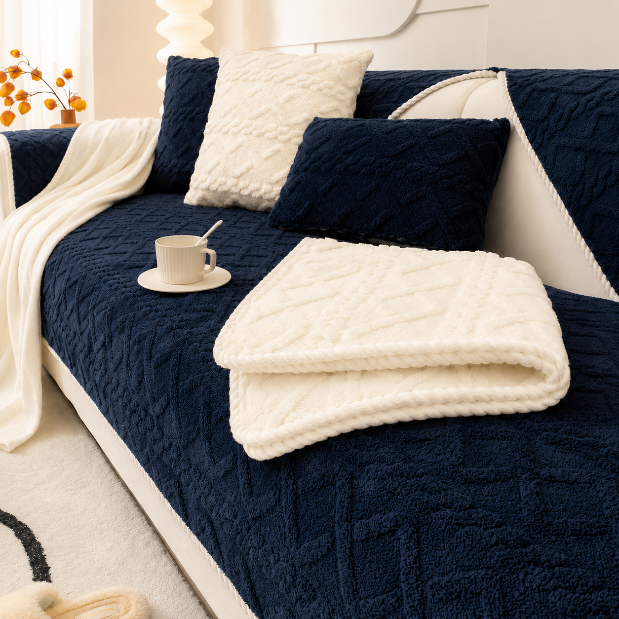 Non Slip Fluffy Geometric Jacquard Mat Couch Sofa Cover