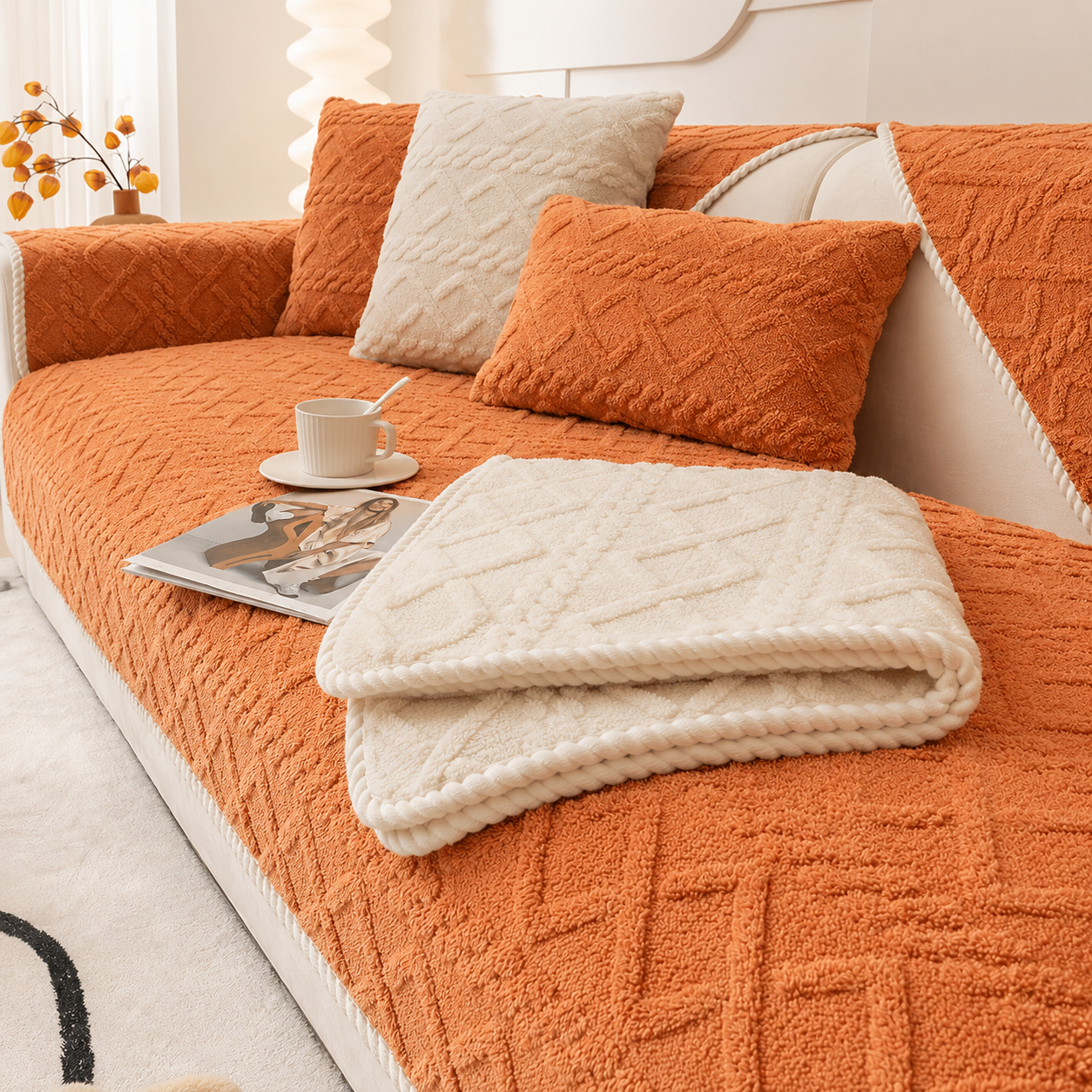 Non Slip Fluffy Geometric Jacquard Mat Couch Sofa Cover