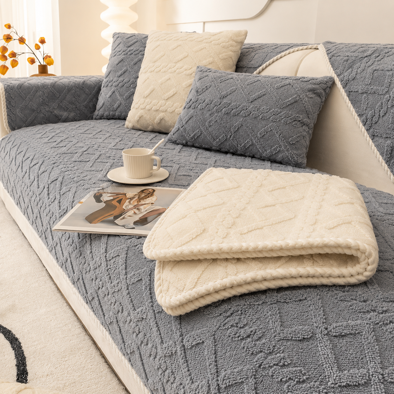 Non Slip Fluffy Geometric Jacquard Mat Couch Sofa Cover