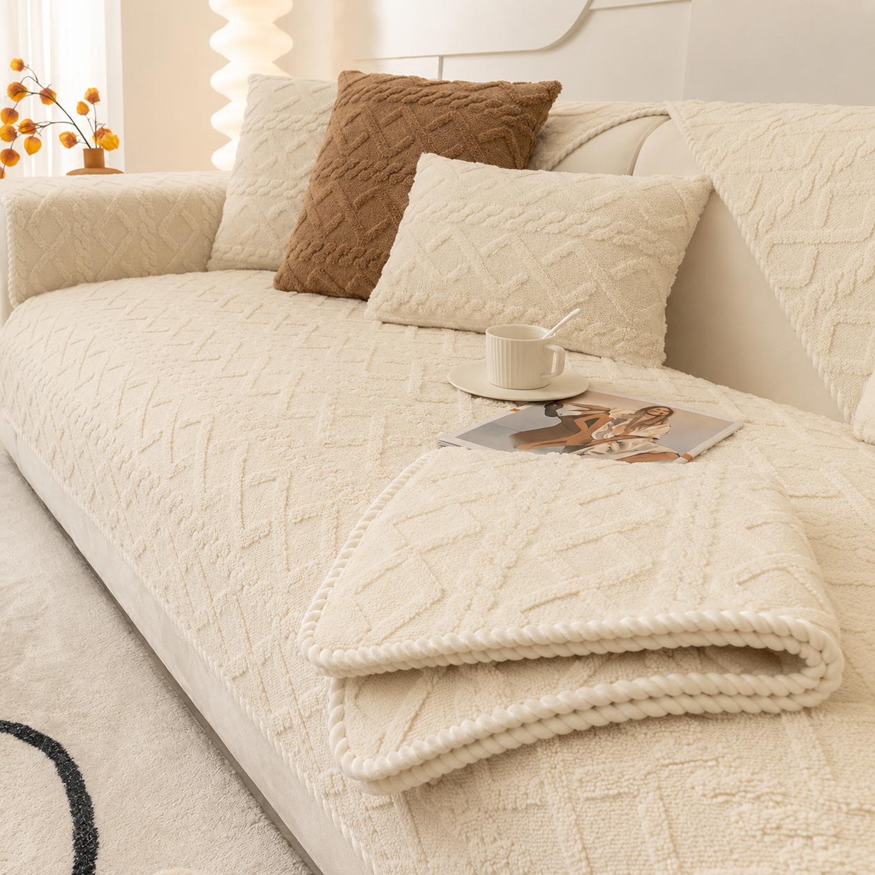 Non Slip Fluffy Geometric Jacquard Mat Couch Sofa Cover