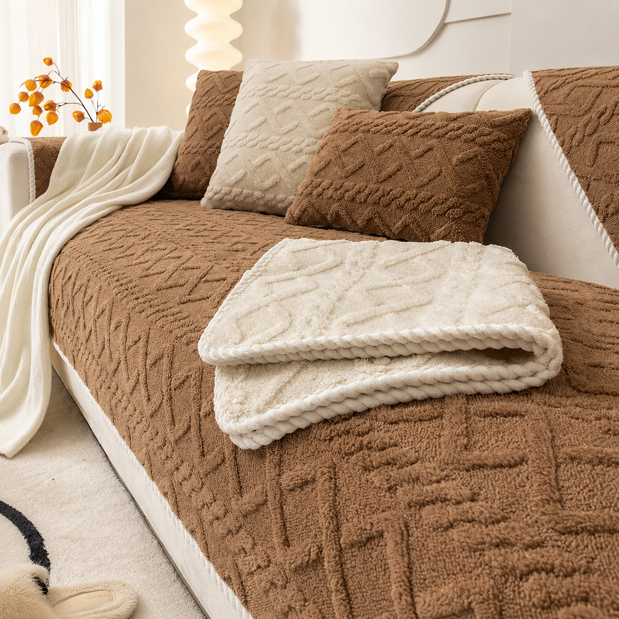 Non Slip Fluffy Geometric Jacquard Mat Couch Sofa Cover