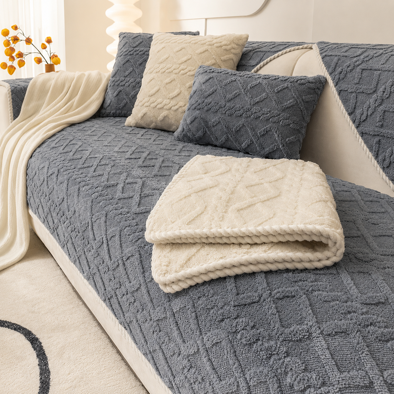 Non Slip Fluffy Geometric Jacquard Mat Couch Sofa Cover