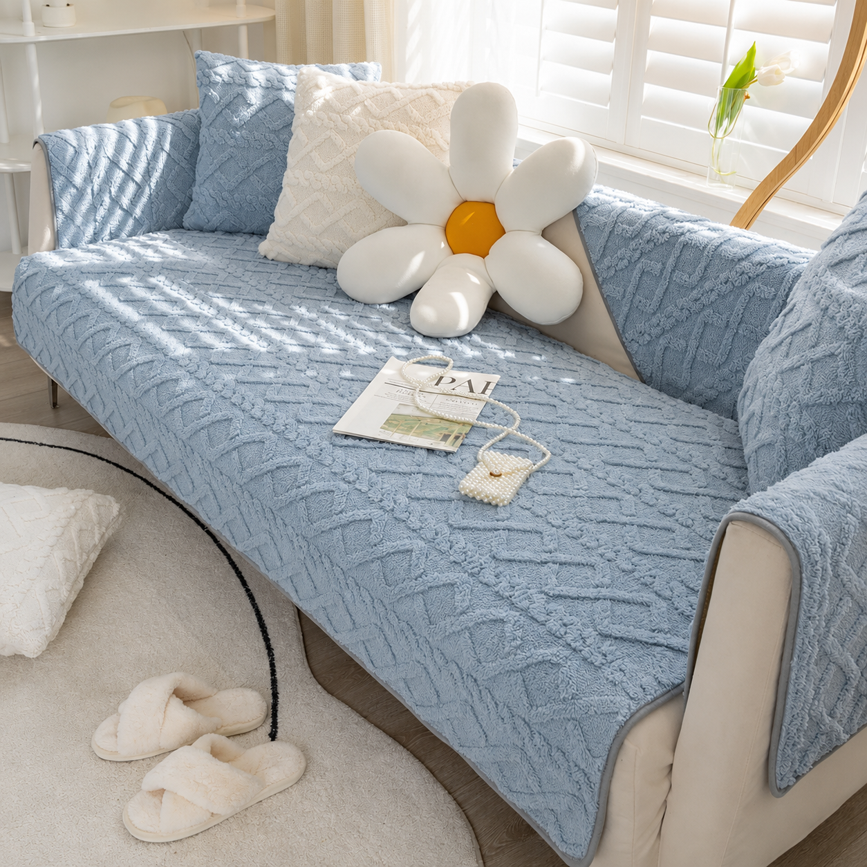 Non Slip Fluffy Geometric Jacquard Mat Couch Sofa Cover
