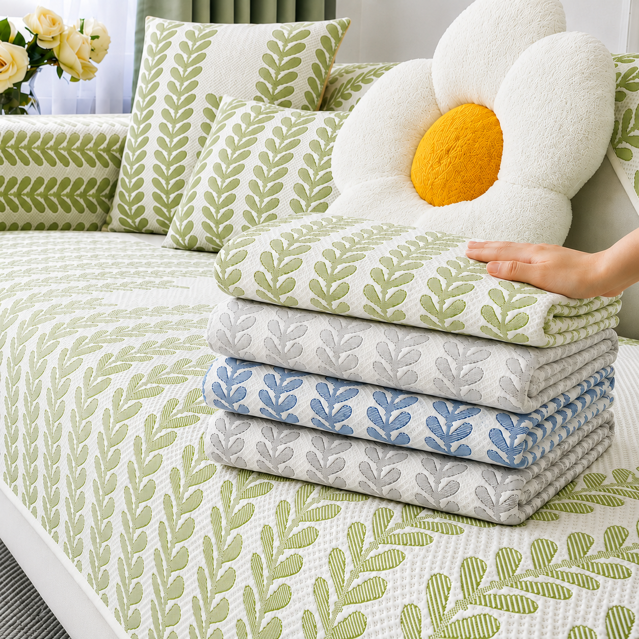 Elegant Botanical Leaf Ice Silk Sofa Couch Cover