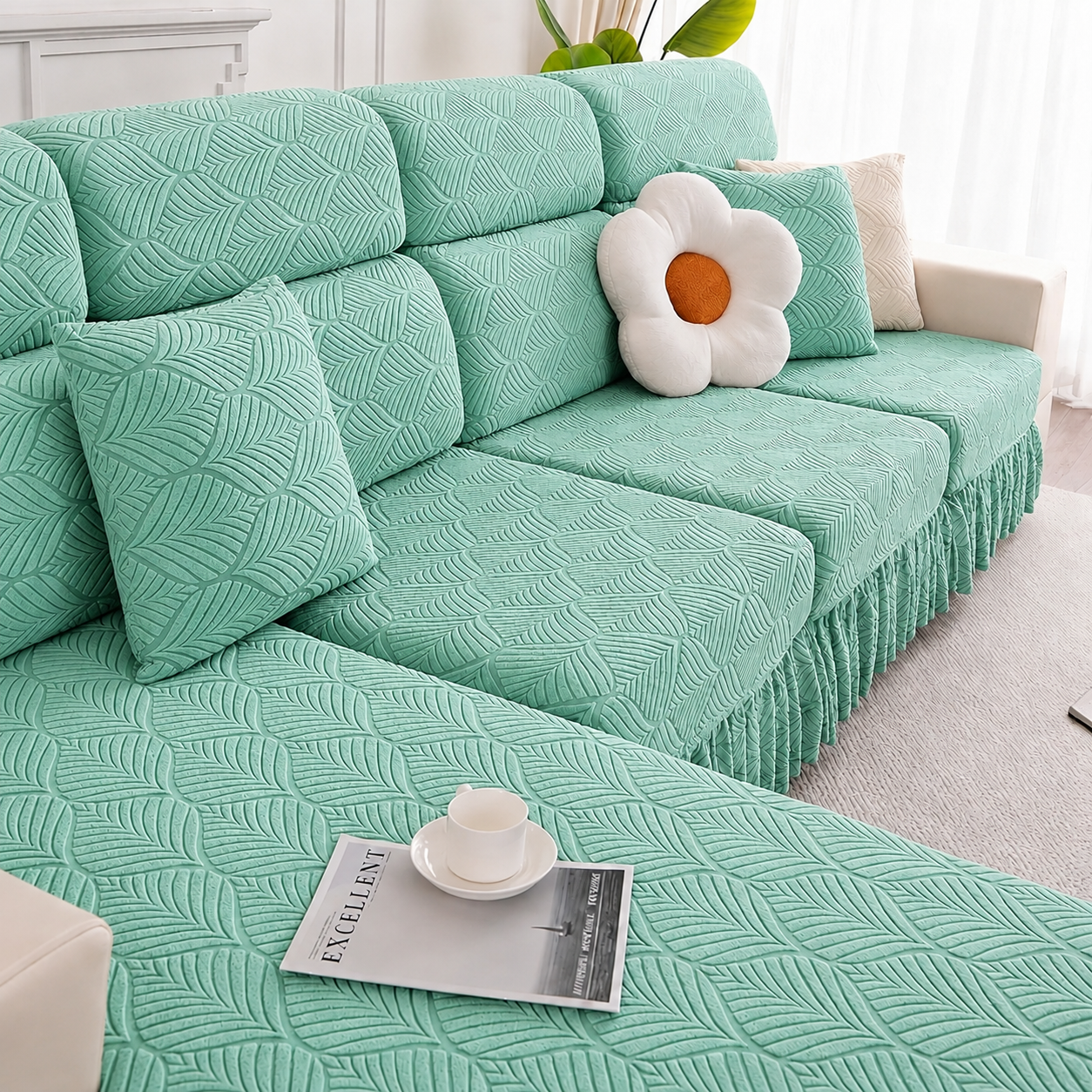 Jacquard Anti-Slip L Shaped Skirt Cushion Sofa Couch Cover