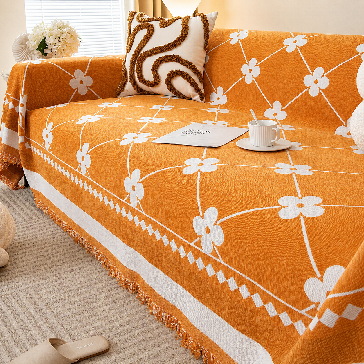 Non-Slip Woven Floral Trellis Chenille Tassels Sofa Couch Cover