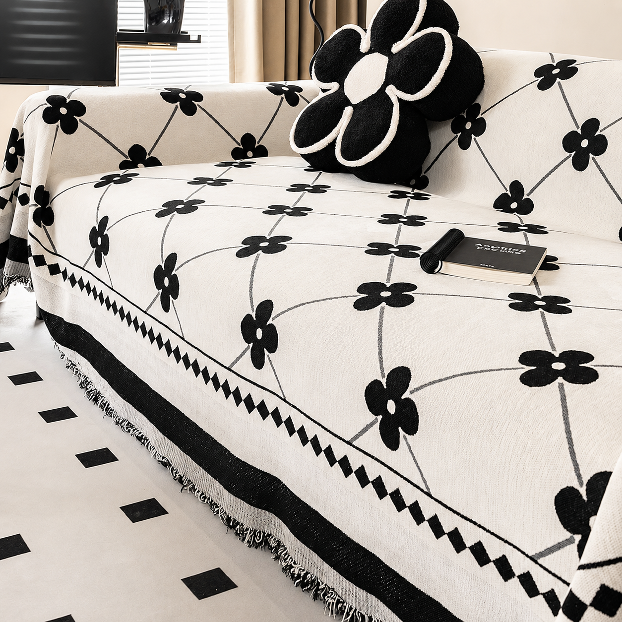 Non-Slip Woven Floral Trellis Chenille Tassels Sofa Couch Cover