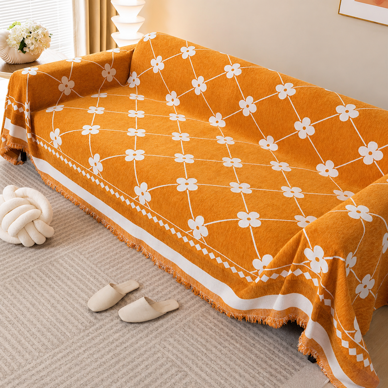 Non-Slip Woven Floral Trellis Chenille Tassels Sofa Couch Cover