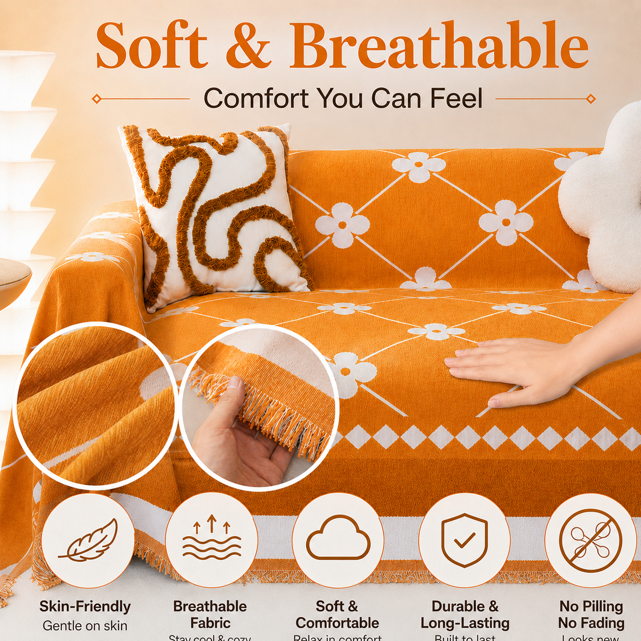 Non-Slip Woven Floral Trellis Chenille Tassels Sofa Couch Cover