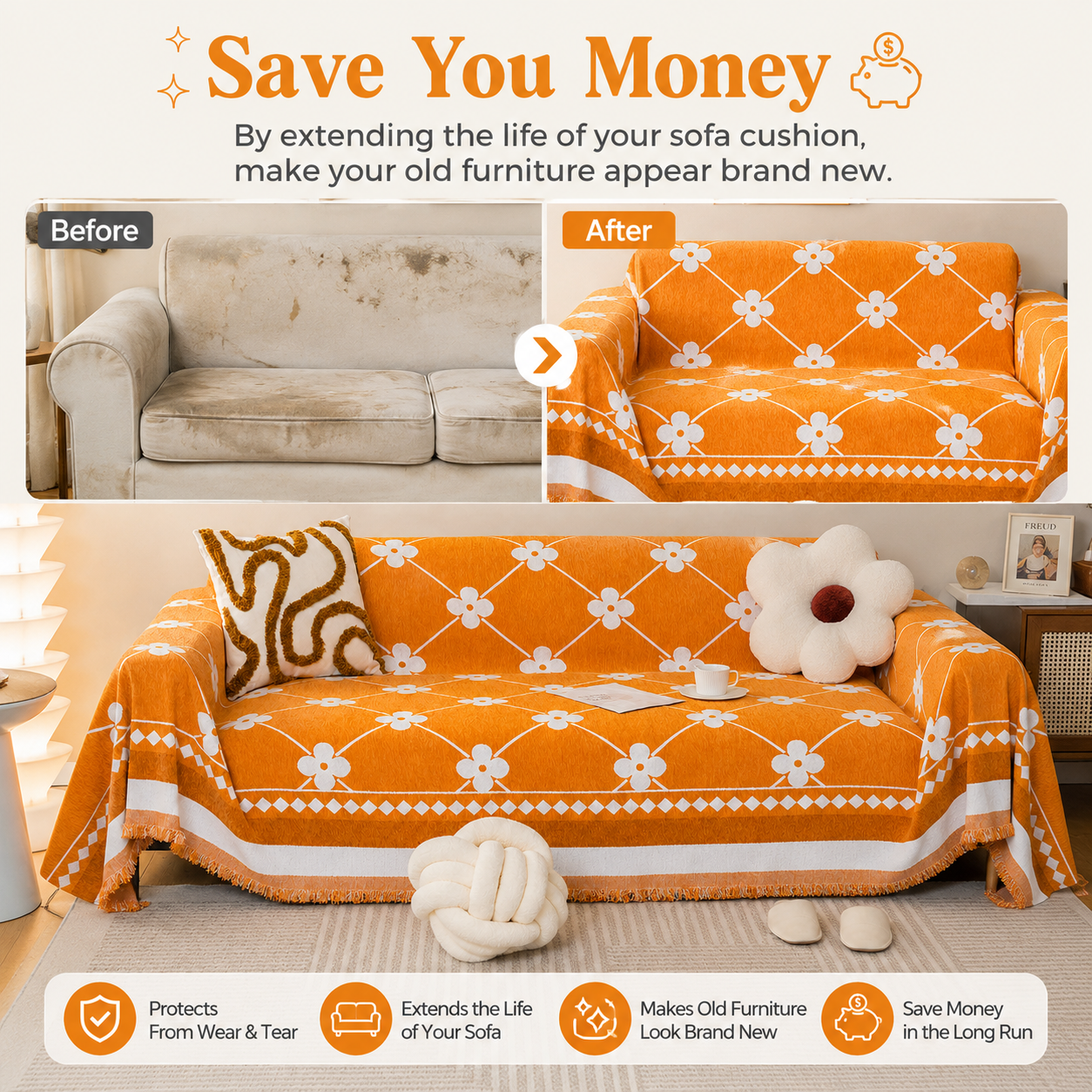 Non-Slip Woven Floral Trellis Chenille Tassels Sofa Couch Cover