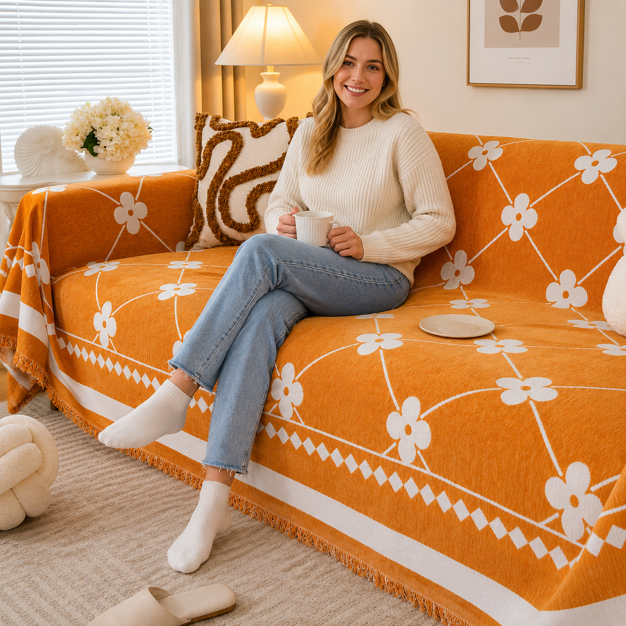 Non-Slip Woven Floral Trellis Chenille Tassels Sofa Couch Cover