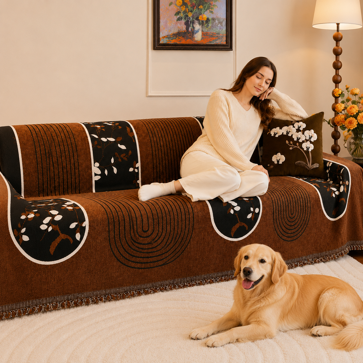 Non-Slip Modern Geometric Chenille Tassels Sofa Couch Cover