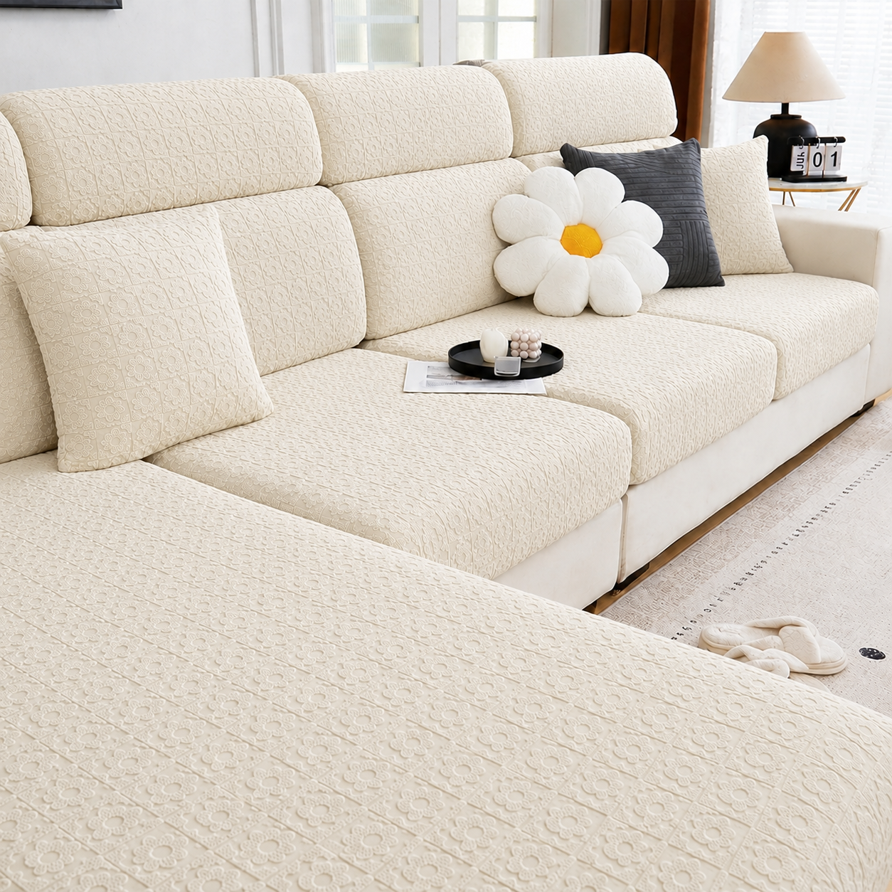 Anti Slip Daisy Floral L Shaped Cushion Sofa Couch Cover