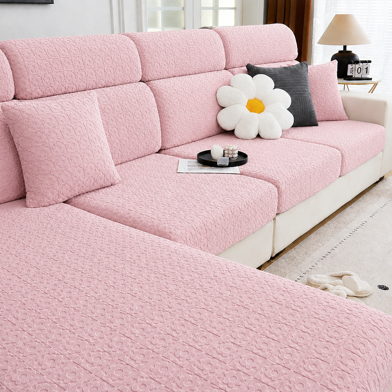 Anti Slip Daisy Floral L Shaped Cushion Sofa Couch Cover